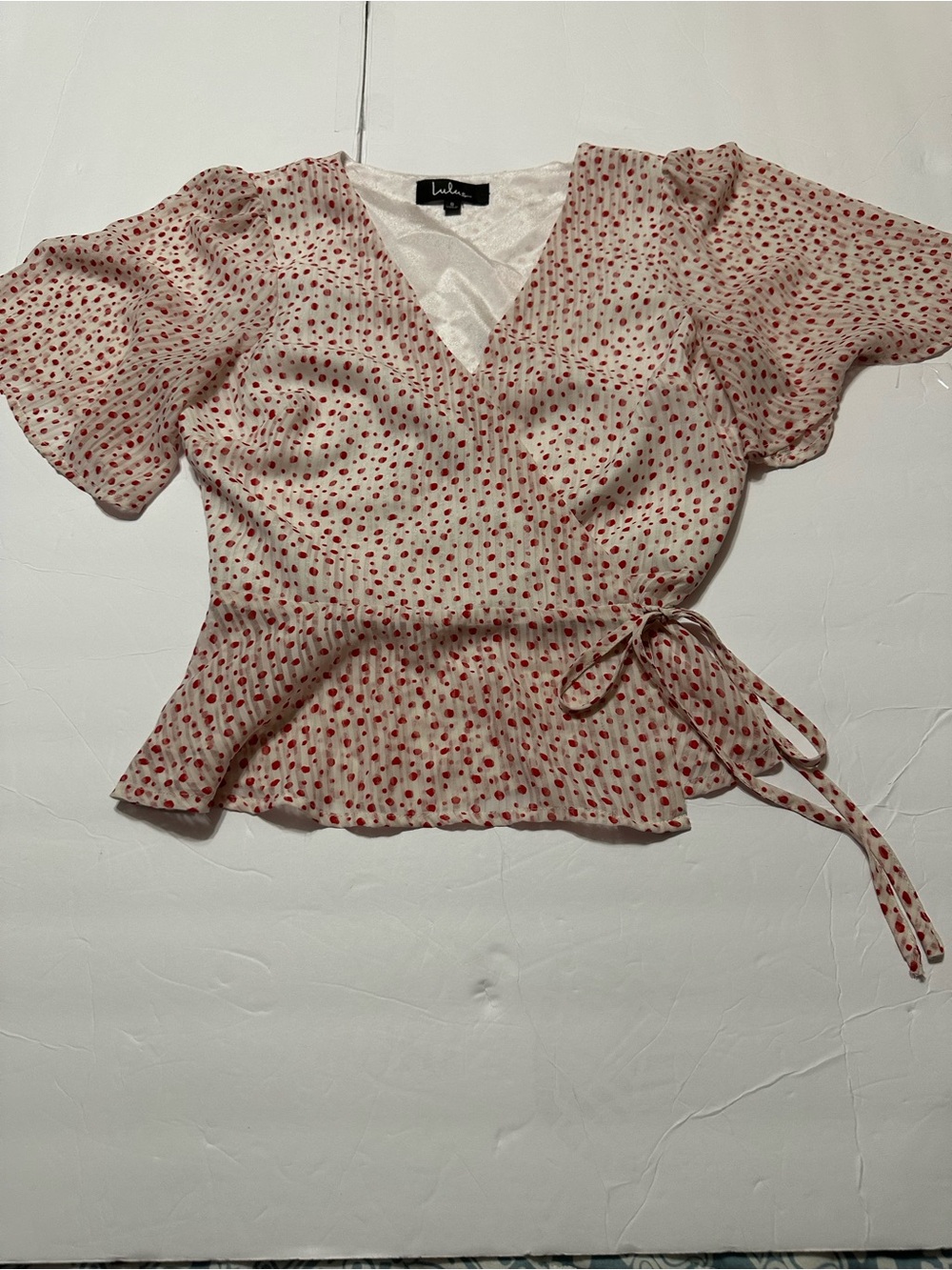 Lulu's Red Dot Wrap Peplum Top - Cream with Red Polka Dots
